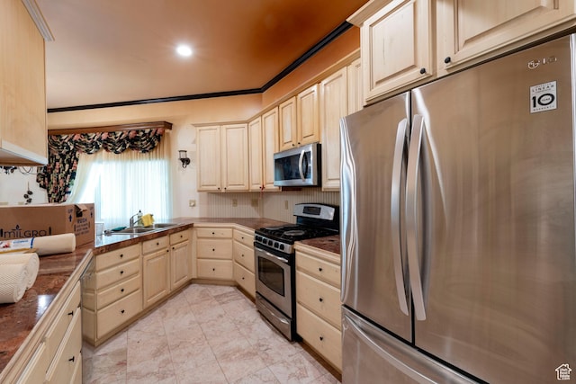 3695 S 2140 E, Salt Lake City, UT 84109 - kitchen featuring appliances with stainless steel finishes, a sink, light brown cabinetry, recessed lighting, and ornamental molding