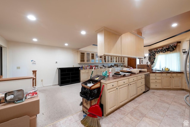 3695 S 2140 E, Salt Lake City, UT 84109 - kitchen featuring recessed lighting, dishwasher, glass insert cabinets, and light brown cabinets