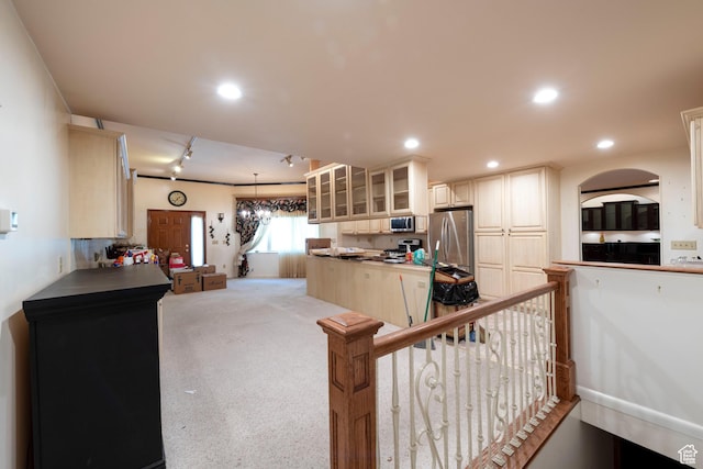 3695 S 2140 E, Salt Lake City, UT 84109 - kitchen featuring stainless steel appliances, glass insert cabinets, light colored carpet, recessed lighting, and rail lighting