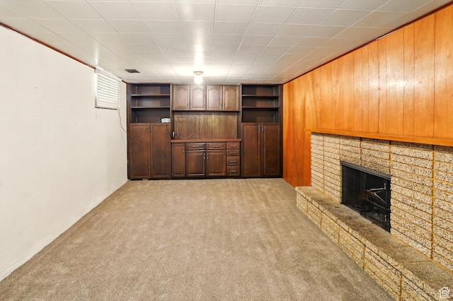 1130 W 1200 N, Provo, UT 84604 - unfurnished living room with light carpet, wood walls, and a fireplace