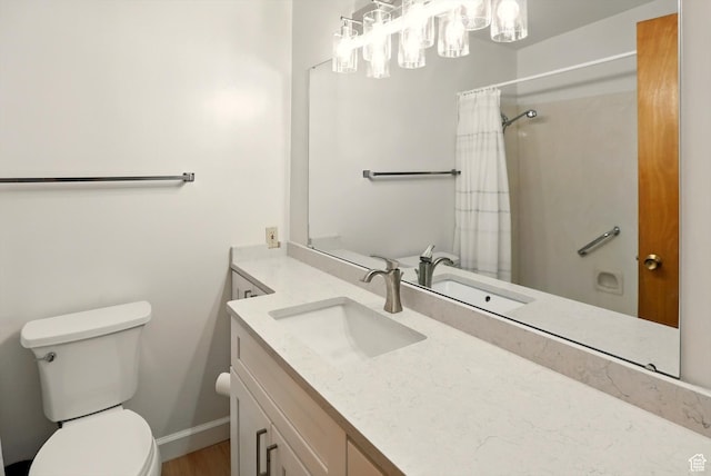 1130 W 1200 N, Provo, UT 84604 - bathroom featuring toilet, vanity, a chandelier, baseboards, and curtained shower
