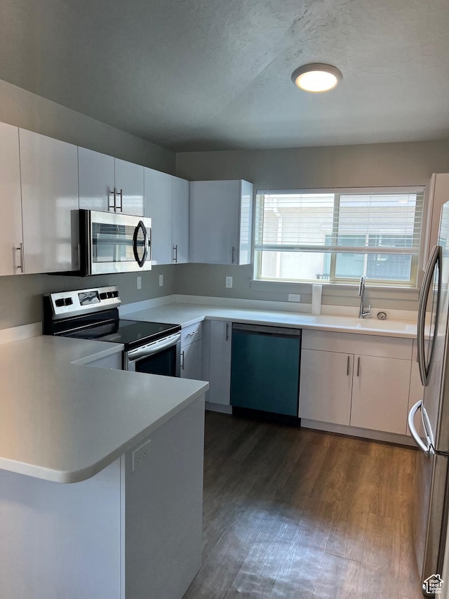 1140 W 950 N Unit C401, Orem, UT 84057 - kitchen featuring appliances with stainless steel finishes, healthy amount of natural light, dark wood-style floors, and a peninsula