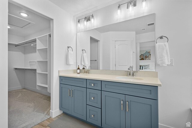 6636 W Ipswitch Way S, Herriman, UT 84096 - bathroom with double vanity, baseboards, a spacious closet, and wood finished floors