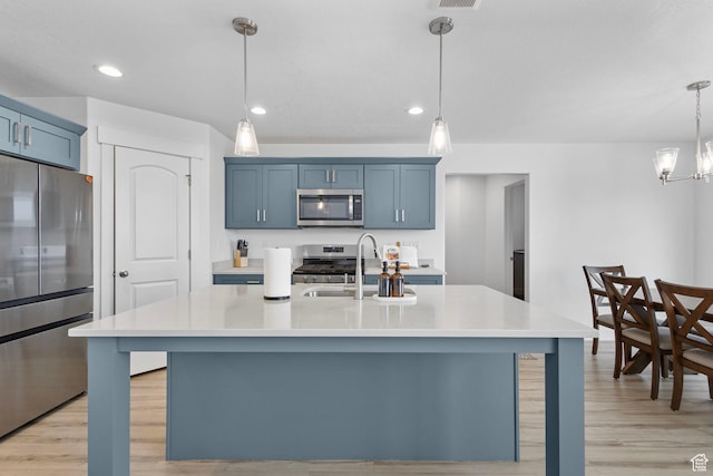 6636 W Ipswitch Way S, Herriman, UT 84096 - kitchen featuring stainless steel appliances, a sink, light countertops, light wood-style floors, and pendant lighting