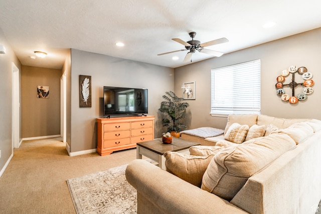 5151 Case Mountain Rd, West Jordan, UT 84081 - living room with ceiling fan, light colored carpet, baseboards, and recessed lighting