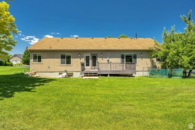 67 E Summer Pl S, Saratoga Springs, UT 84045 - back of property with a wooden deck, stucco siding, and roof with shingles