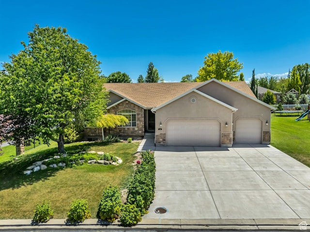 67 E Summer Pl S, Saratoga Springs, UT 84045 - view of front of home with stone siding, a garage, a front lawn, concrete driveway, and stucco siding