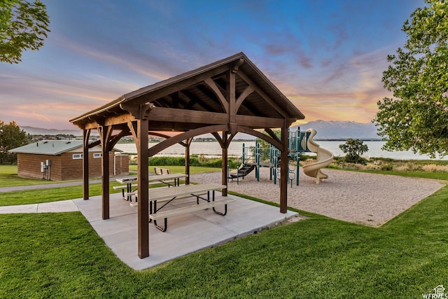 67 E Summer Pl S, Saratoga Springs, UT 84045 - view of home's community with a lawn, a gazebo, a playground, and a water view