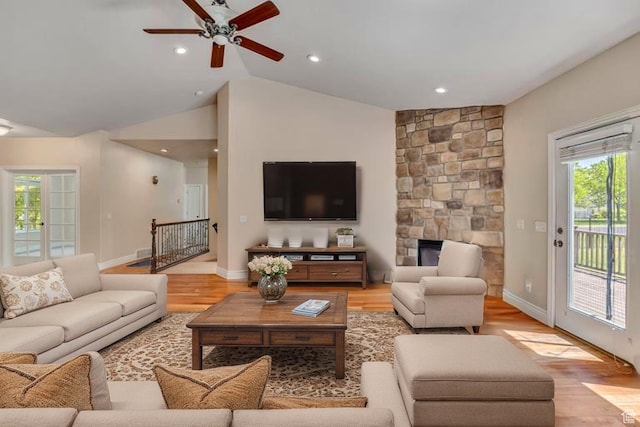 67 E Summer Pl S, Saratoga Springs, UT 84045 - living room with ceiling fan, plenty of natural light, light wood-type flooring, vaulted ceiling, and recessed lighting