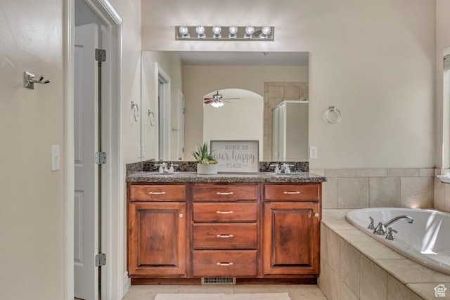 67 E Summer Pl S, Saratoga Springs, UT 84045 - bathroom featuring a shower stall, a ceiling fan, a bath, double vanity, and tile patterned flooring