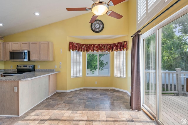 3601 S Truth Ln, Magna, UT 84044 - kitchen with stainless steel appliances, stone tile flooring, healthy amount of natural light, high vaulted ceiling, and recessed lighting