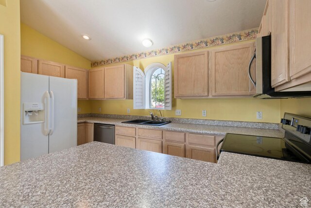 3601 S Truth Ln, Magna, UT 84044 - kitchen featuring stainless steel appliances, light brown cabinets, a sink, lofted ceiling, and light countertops