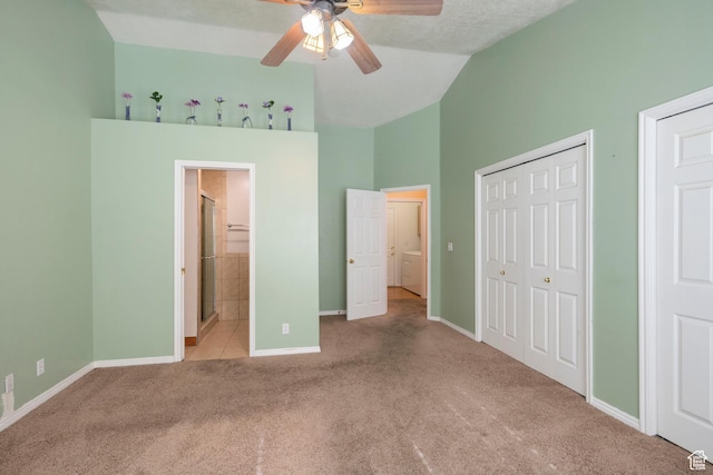 3601 S Truth Ln, Magna, UT 84044 - unfurnished bedroom with carpet flooring, high vaulted ceiling, baseboards, ceiling fan, and ensuite bathroom