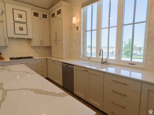 4817 W 50 S, West Point, UT 84015 - kitchen featuring dishwasher, a sink, gas cooktop, white cabinetry, and glass insert cabinets