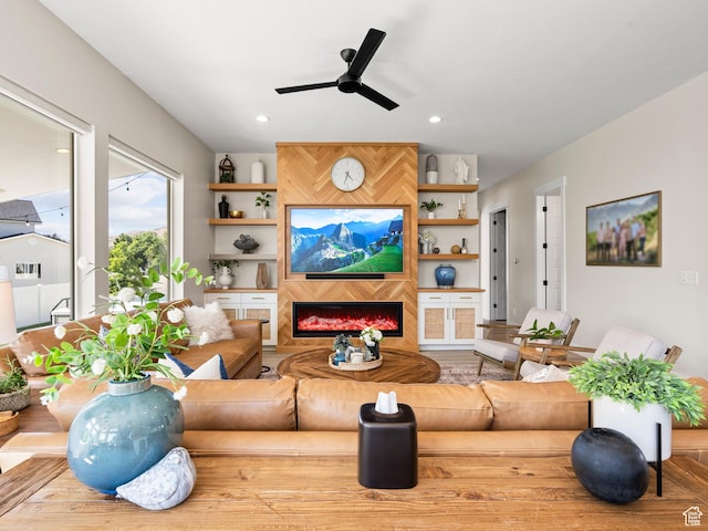 2393 N 300 E Unit 108, Lehi, UT 84043 - living area with a ceiling fan, a premium fireplace, and recessed lighting