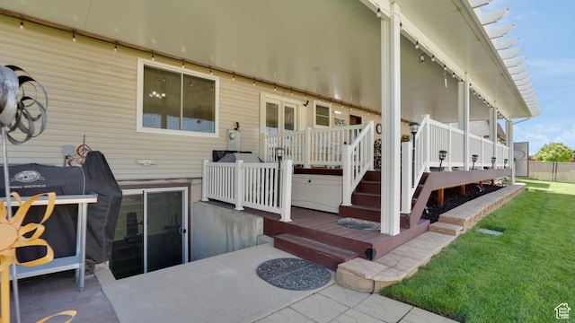 9162 S Pebble Glen Cir, Sandy, UT 84094 - view of patio / terrace with a wooden deck and stairs