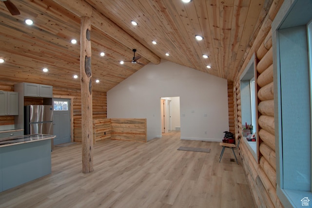 75 N 4th E, Downey, ID 83234 - unfurnished living room featuring ceiling fan, rustic walls, wooden ceiling, light wood-style floors, and lofted ceiling