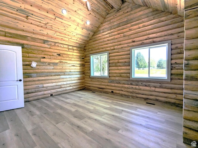 75 N 4th E, Downey, ID 83234 - spare room with rustic walls, wood ceiling, high vaulted ceiling, and wood finished floors