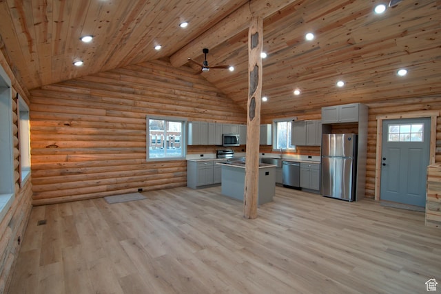 75 N 4th E, Downey, ID 83234 - kitchen featuring appliances with stainless steel finishes, log walls, gray cabinets, ceiling fan, and a center island
