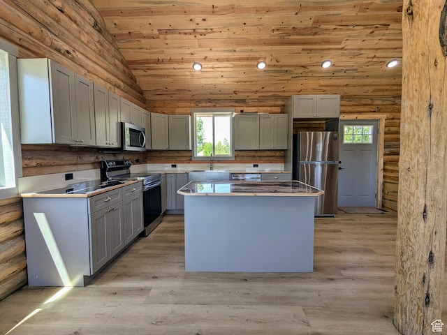 75 N 4th E, Downey, ID 83234 - kitchen with appliances with stainless steel finishes, vaulted ceiling, wood ceiling, gray cabinetry, and a kitchen island