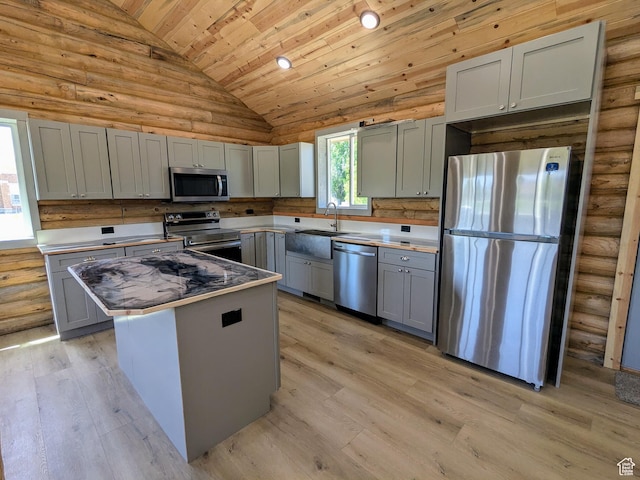 75 N 4th E, Downey, ID 83234 - kitchen with stainless steel appliances, vaulted ceiling, wooden ceiling, gray cabinets, and light wood-style flooring