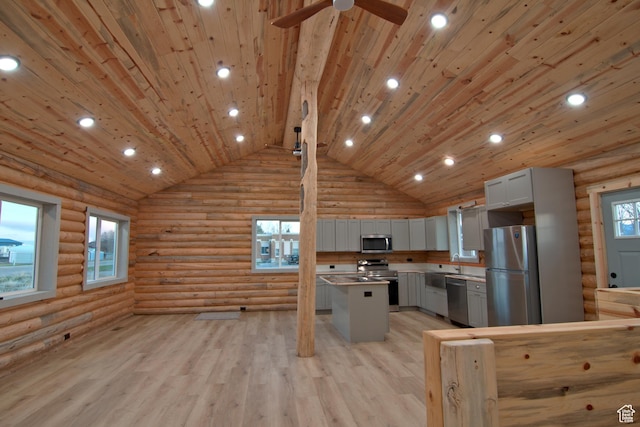 75 N 4th E, Downey, ID 83234 - kitchen with stainless steel appliances, gray cabinetry, log walls, recessed lighting, and ceiling fan