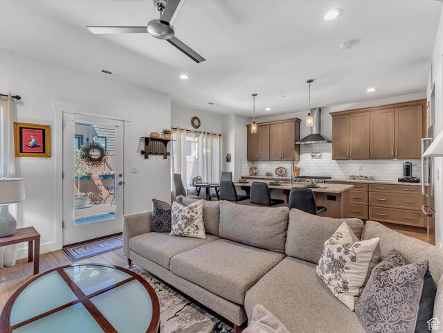 8257 N Sandalwood Ln, Park City, UT 84098 - living area with light wood finished floors, recessed lighting, and a ceiling fan