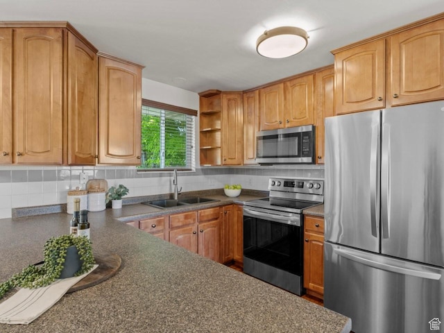 9750 S David St E, Sandy, UT 84070 - kitchen with stainless steel appliances, a sink, dark countertops, and tasteful backsplash