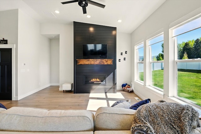 1335 S 1140 E, Heber City, UT 84032 - living room with a fireplace, wood finished floors, a ceiling fan, baseboards, and recessed lighting