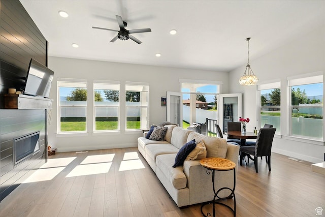 1335 S 1140 E, Heber City, UT 84032 - living room featuring a fireplace with flush hearth, hardwood / wood-style flooring, ceiling fan, recessed lighting, and baseboards