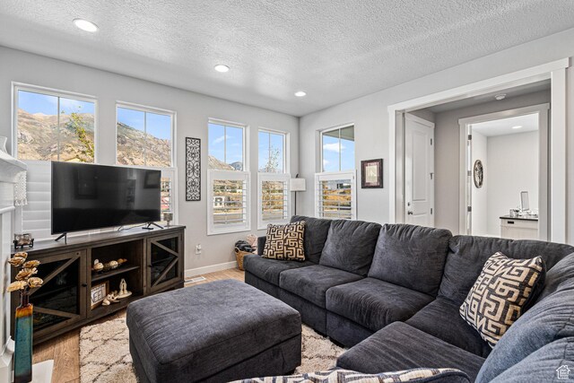 9857 N Featherstone Dr, Highland, UT 84003 - living room featuring wood finished floors, recessed lighting, a textured ceiling, and baseboards