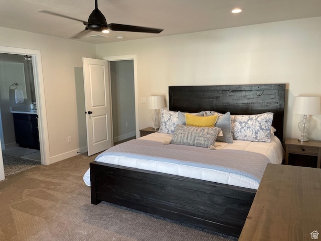 858 N Pinehurst Dr, Midway, UT 84049 - carpeted bedroom with baseboards, ceiling fan, ensuite bathroom, and recessed lighting