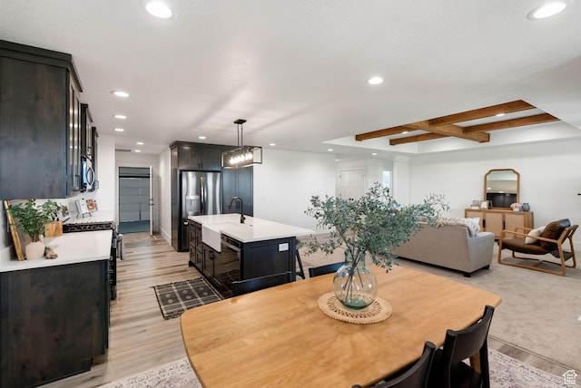 1120 S 800 W, Lewiston, UT 84320 - dining room featuring recessed lighting, light wood-style flooring, beamed ceiling, and coffered ceiling