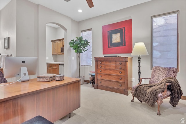 3052 N Snow Canyon Pwky Unit 168, St George, UT 84770 - office space featuring light colored carpet, ceiling fan, arched walkways, and recessed lighting