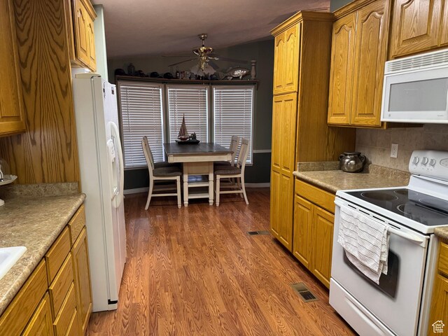 235 N 5th E, Manila, UT 84046 - kitchen featuring white appliances, ceiling fan, wood finished floors, and light countertops