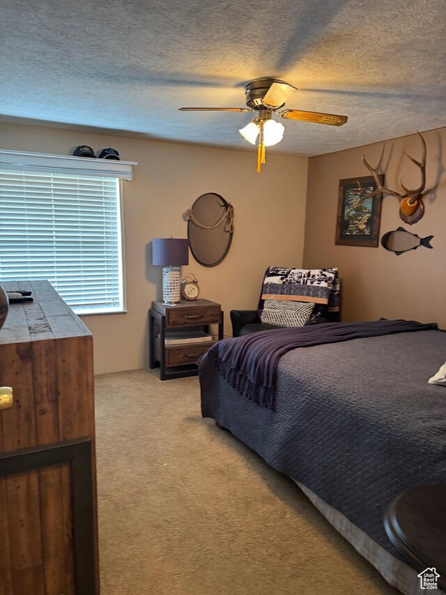235 N 5th E, Manila, UT 84046 - bedroom featuring light colored carpet, a textured ceiling, and a ceiling fan