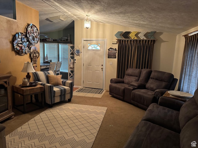 235 N 5th E, Manila, UT 84046 - living area featuring lofted ceiling, carpet flooring, and a textured ceiling