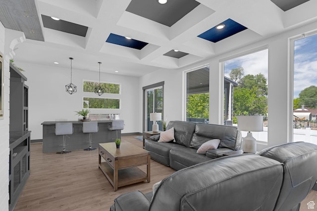 1186 W Marinwood Ave, Murray, UT 84123 - living area featuring coffered ceiling, light wood-style floors, beamed ceiling, and recessed lighting