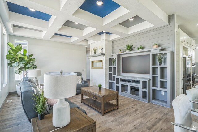 1186 W Marinwood Ave, Murray, UT 84123 - living room with plenty of natural light, light wood-style flooring, coffered ceiling, beamed ceiling, and recessed lighting