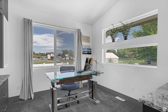1186 W Marinwood Ave, Murray, UT 84123 - home office with lofted ceiling, dark colored carpet, healthy amount of natural light, and baseboards