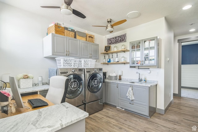 1186 W Marinwood Ave, Murray, UT 84123 - laundry room with washer and dryer, cabinet space, a ceiling fan, light wood-type flooring, and recessed lighting