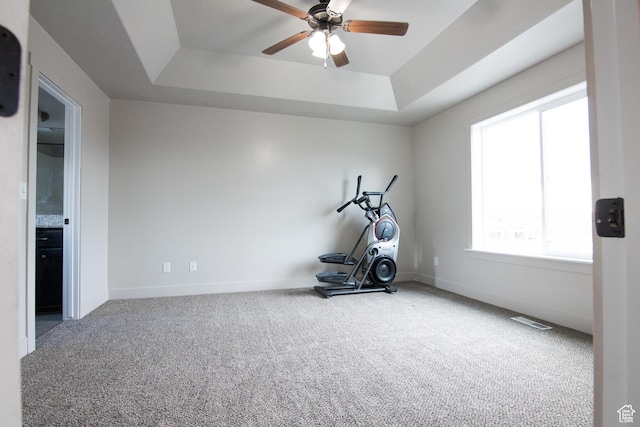 182 W Braeburn Ln, Santaquin, UT 84655 - exercise room with a tray ceiling, carpet flooring, ceiling fan, and baseboards