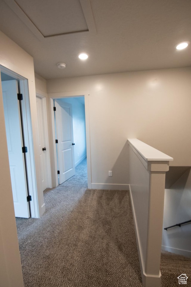 182 W Braeburn Ln, Santaquin, UT 84655 - hallway featuring carpet, baseboards, recessed lighting, attic access, and an upstairs landing