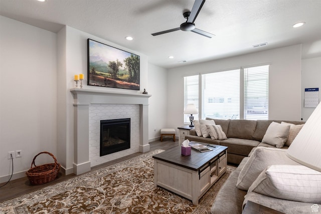 3795 S 4250 W Unit 446D, West Haven, UT 84401 - living area featuring ceiling fan, recessed lighting, a tile fireplace, baseboards, and wood finished floors