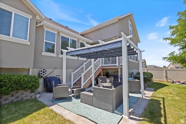 2127 Rio Grande Dr, Spanish Fork, UT 84660 - rear view of house featuring an outdoor living space, stucco siding, a patio, and stairs