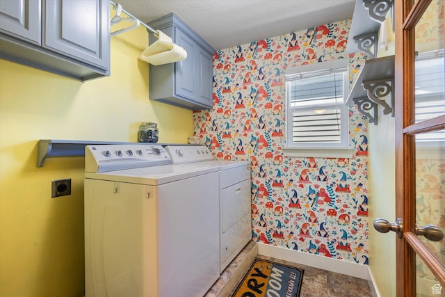 2127 Rio Grande Dr, Spanish Fork, UT 84660 - washroom with cabinet space, wallpapered walls, baseboards, and separate washer and dryer