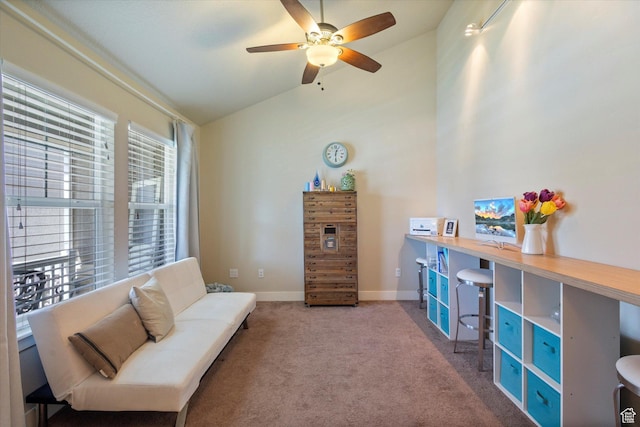 2127 Rio Grande Dr, Spanish Fork, UT 84660 - living area with vaulted ceiling, carpet, ceiling fan, and baseboards