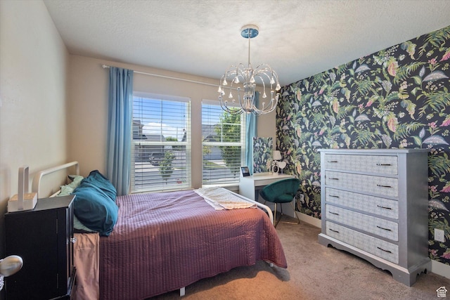 2127 Rio Grande Dr, Spanish Fork, UT 84660 - carpeted bedroom featuring wallpapered walls, a chandelier, baseboards, and a textured ceiling