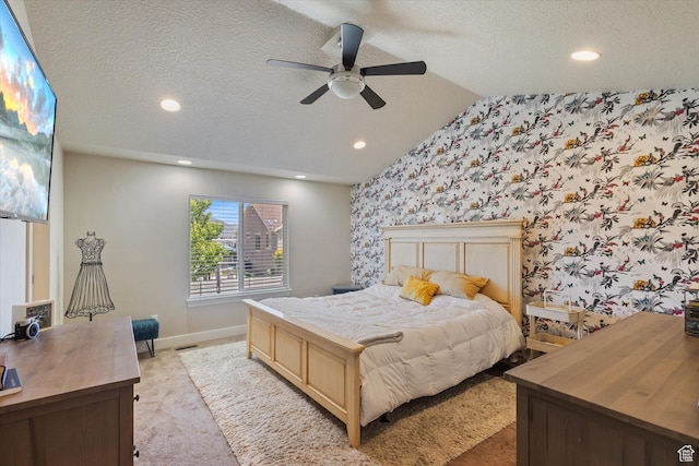 2127 Rio Grande Dr, Spanish Fork, UT 84660 - bedroom featuring light carpet, baseboards, wallpapered walls, lofted ceiling, and a textured ceiling