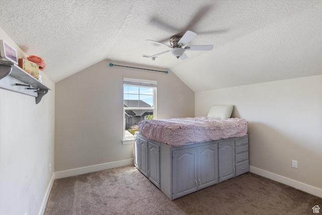 2127 Rio Grande Dr, Spanish Fork, UT 84660 - bedroom with lofted ceiling, a textured ceiling, light colored carpet, ceiling fan, and baseboards